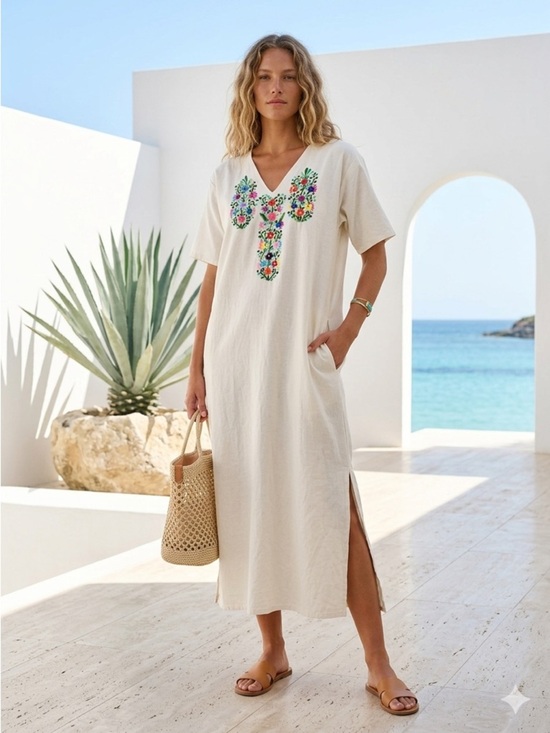 Other - Vintage 70s / 80s Mexican Puebla White Floral Boho Kaftan Dress / Coverup - OS